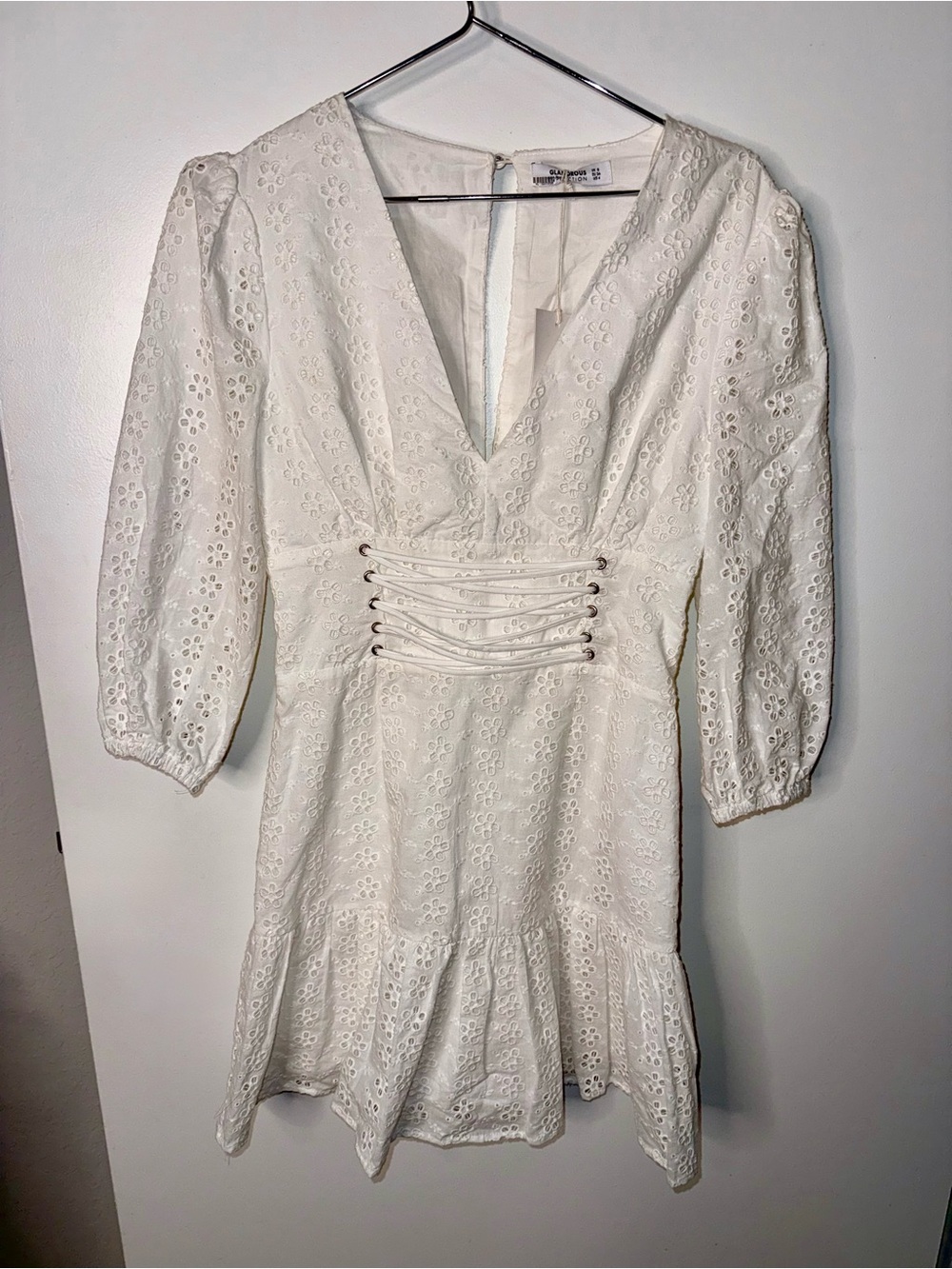 Glamorous White Eyelet Corset LaceUp Mini Dress Puff Sleeve Cottagecore Romantic